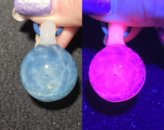Glass Pendant,  Blue Ice Snowball UV Reactive Glow Glass Necklace for Winter.  Cute Sparkly Blue Jewelry with FREE UV Reactive Keychain.