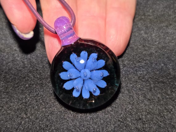 Heady glass pendant necklace, hand blown art glass jewelry, Borosilicate glass gift for a friend in periwinkle, lavender and black.