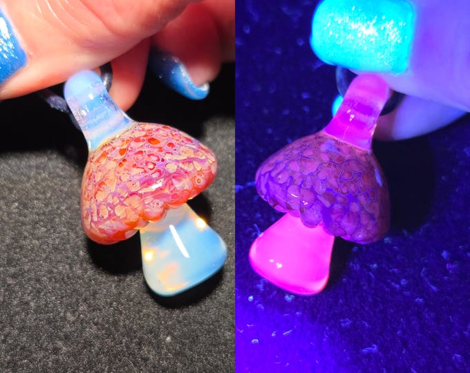 Magical Mushroom Jewelry, UV Reactive Glow Mushroom, Hand Blown Art Glass Pendant Necklace in Pink, Unique Gift for Nature Enthusiasts!