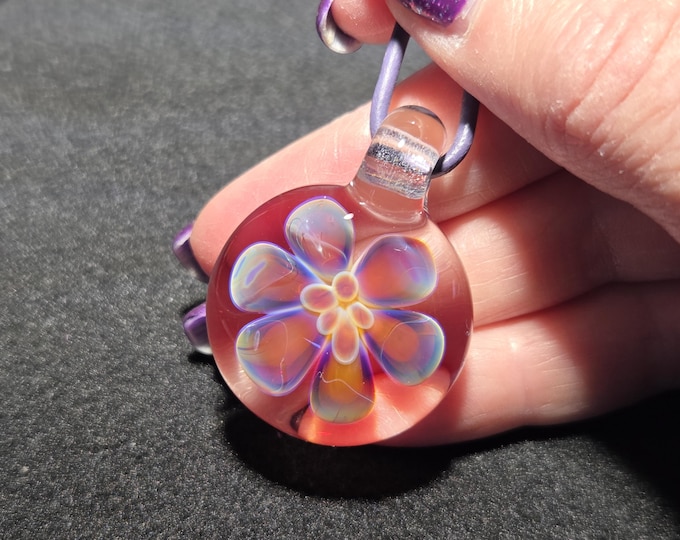 Glass Flower Necklace, Handmade Lampwork Heady Glass Pendant, Borosilicate Hand Blown Glass Gift.  Jewelry making focal.