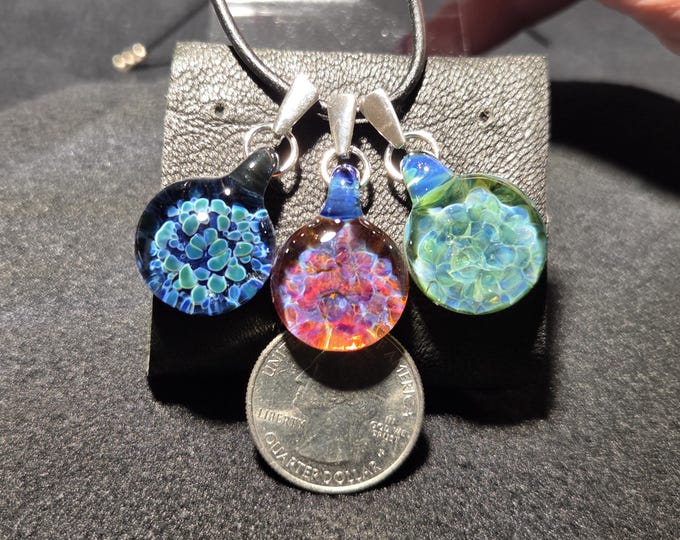 Hand Blown Glass Pendants Assortment,  Borosilicate frit necklaces with Sterling Silver Bails