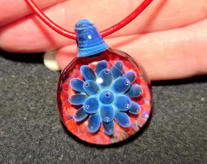 Heady Glass Jewelry,  Hand Blown Glass Flower Pendant • Patina Blue Boro Implosion Necklace • Handmade Borosilicate Jewelry Gift for Her