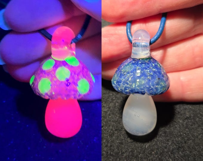 UV Reactive Mushroom Pendant, Color Changing Pink Blue Lime Borosilicate Necklace, Hand Blown Heady Glass Festival Jewelry, Magic Mushroom