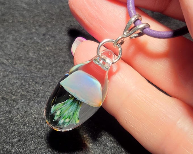 Glass Jellyfish pendant with green tentacles - hand blown borosilicate glass jellyfish necklace with sterling silver bail
