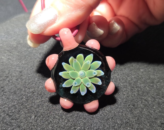 Handmade Heady Glass Pendant in Green, Black, and Pink.  Large Hand Blown Glass Flower.   Blown Glass Jewelry.