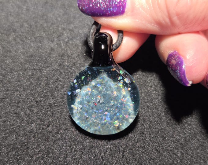 Small opal choker pendant, featuring crushed Gilson opal encased in borosilicate. Blown glass Jewelry, sparkly Galaxy opal necklace gift