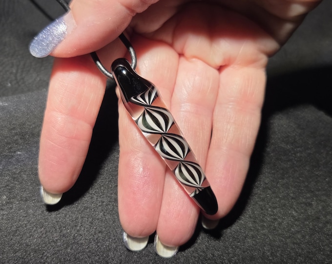 Black and White Glass Pendant, Long Spiral Striped Borosilicate Necklace, Handmade Lampwork Boro Jewelry, Unisex Glass Gift