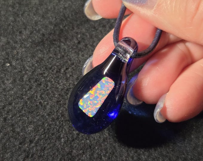 Pink Gilson Opal and Sparkly Cobalt Blue Teardrop Dangle Necklace, Mermaid Tears Design encased in borosilicate glass