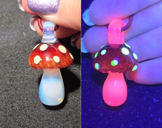 Red Mushroom Lampwork Glass Pendant Necklace, Cottagecore Jewelry, UV Reactive Glow Mushroom for EDM festival.