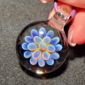 Purple glass pendant, hand blown glass, clear backed purple flower Implosion design in borosilicate. Perfect heady glass pendant gift.