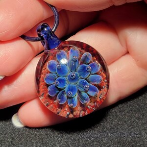 Hand Blown Blue Flower Implosion Choker Borosilicate Glass Pendant on Greek Leather Cord image 3