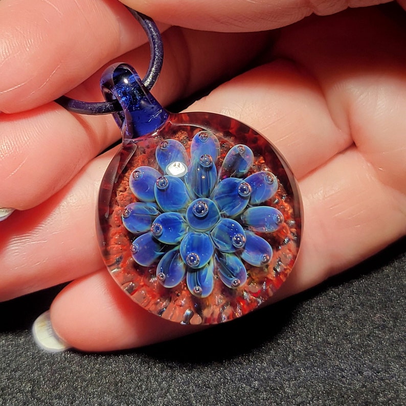 Hand Blown Blue Flower Implosion Choker Borosilicate Glass Pendant on Greek Leather Cord image 3