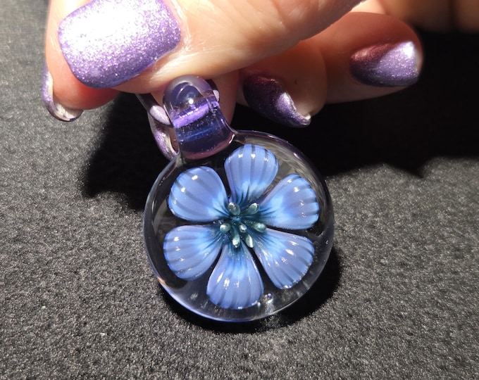 Handmade Lampwork Glass Flower Pendant Necklace, Lavender Blue Floral Implosion, Heady Borosilicate Jewelry.