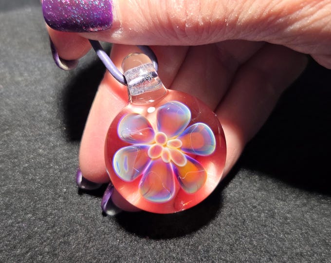 Glass Flower Necklace, Handmade Lampwork Heady Glass Pendant, Borosilicate Hand Blown Glass Gift.  Jewelry making focal.