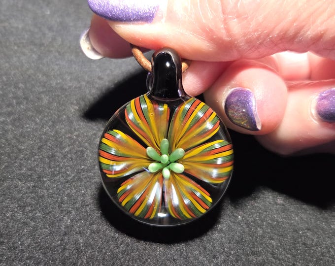Heady Glass Flower Pendant, Groovy Flower Power 70s Hippie Hand Blown Art Glass Necklace