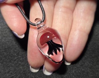 Red Jellyfish Glass Pendant, Hand Blown Borosilicate Necklace, Heady Ocean Jewelry, Black Tentacle Marine Life Gift