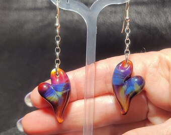 Multi color, rainbow glass heart earrings.  Handmade, Light weight hand blown hearts on sterling silver chains