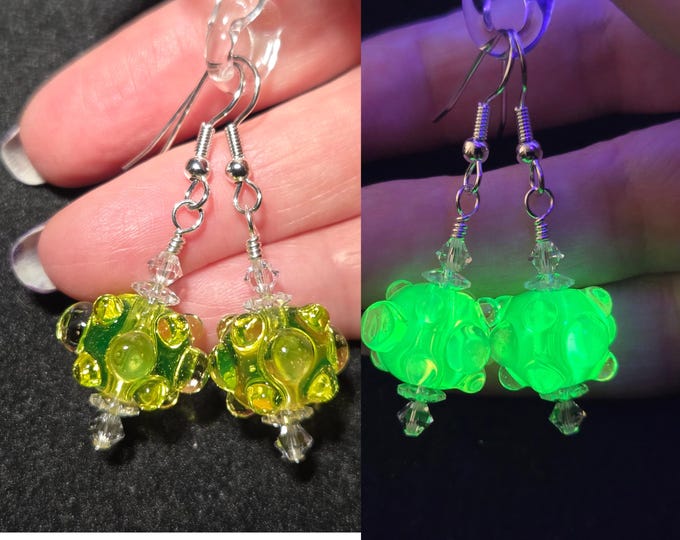 UV Reactive boro, Long Dangle Earrings gift for Her.  Handmade Lampwork boro glass Earrings in Yellow,  and Green Glow Glass.
