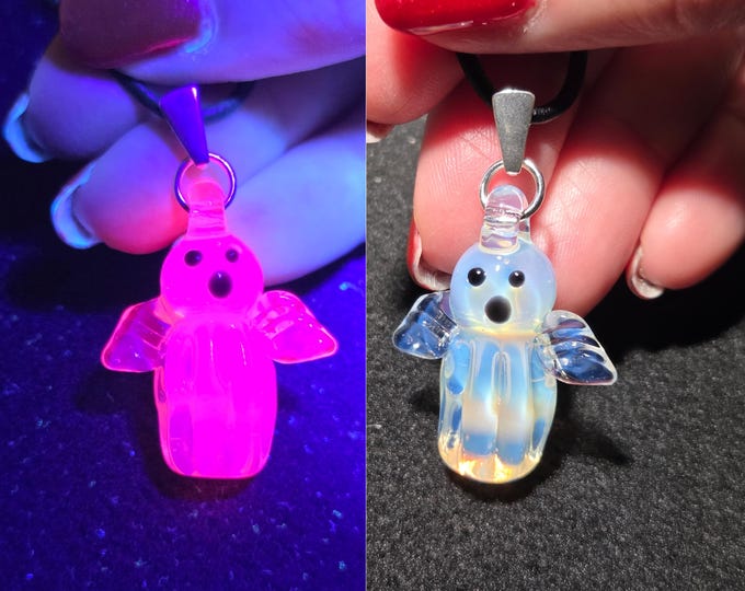 Glass Ghost Pendant,  Hand blown UV reactive glow ghost necklace for Halloween.  Cute ghost jewelry.  FREE UV reactive keychain too.