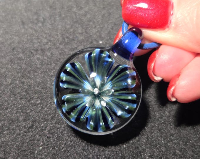 Handmade art glass necklace, Hand Blown blue boro implosion flower pendant in Borosilicate!  Heady Glass Flower Jewelry