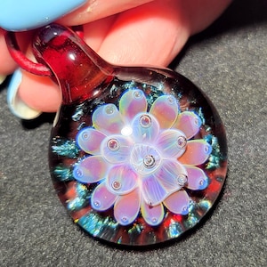 Borosilicate artisan glass choker, hand blown glass pendant with a red, purple & blue implosion design.  Blown glass jewelry.