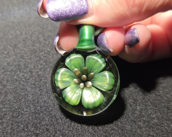 Heady Glass Flower Pendant, Green Glass Flower Jewelry, Hand Blown Necklace with Floral Implosion in Borosilicate!