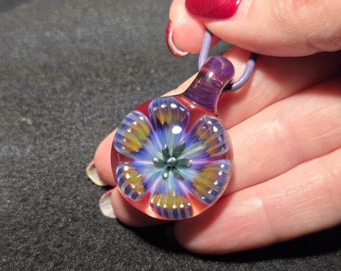 Handmade Glass flower Pendant.  Hand Blown Glass Jewelry.  Blown Glass Implosion Necklace in Boro Glass!  Reversible Heady Glass Flower