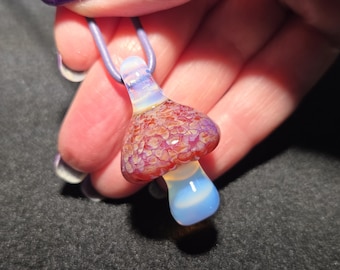 Magical Mushroom Jewelry, UV Reactive Glow Mushroom, Hand Blown Art Glass Pendant Necklace in Pink, Unique Gift for Nature Enthusiasts!