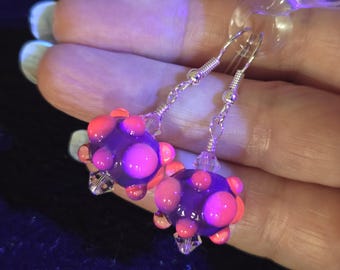 UV Reactive, Purple, Pink Boro Glow Glass, Dangle Earrings gift for Her.  Handmade Lampwork Boro Bead Dangle Earrings with Sterling silver.