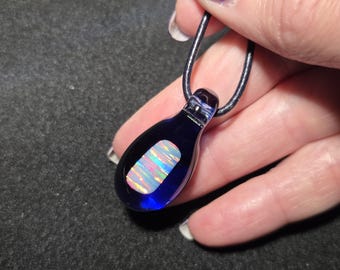 Large Gilson opal encased in borosilicate pendant.  I call this cobalt blue opal teardrop dangle necklace design “Mermaid tears”.