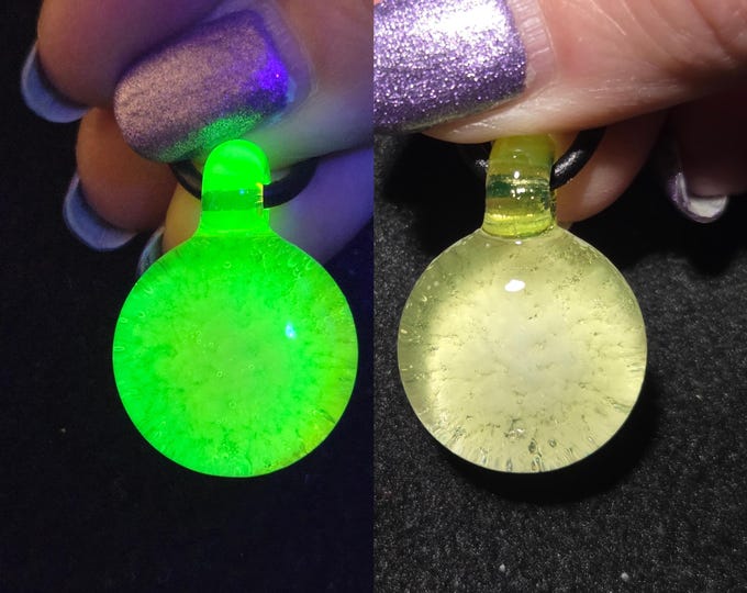 Glass Pendant,  yellow ice Snowball UV reactive glow glass necklace for Winter.  Don't eat the yellow snow jewelry that glows under UV light