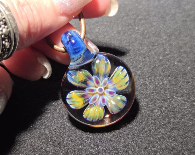 Heady Glass Flower Pendant, Hand Blown Borosilicate Implosion Necklace, Layered Fantasy Starflower Lampwork Jewelry