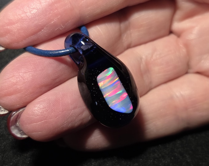 Large Gilson opal encased in borosilicate pendant.  I call this cobalt blue opal teardrop dangle necklace design “Mermaid tears”.