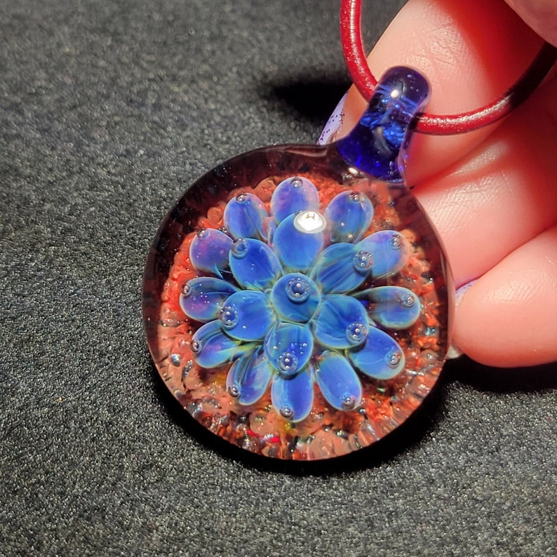 Hand Blown Blue Flower Implosion Choker Borosilicate Glass Pendant on Greek Leather Cord image 1