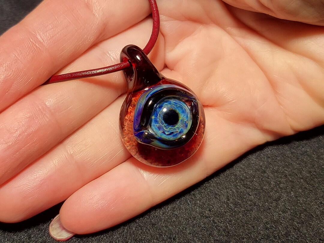 Evil Eye Necklace, Hand Blown Glass Eye Pendant With Realistic Iris. A