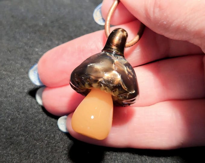 Golden Magic Mushroom Pendant, Hand Blown Borosilicate Glass Shroom Necklace, Psychedelic Lampwork Jewelry