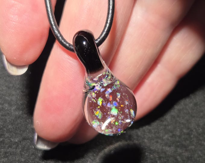 Gilson Opal Necklace with Crushed Opal, Multicolor Sparkle Hand Blown Borosilicate Glass Jewelry. Crushed Opal Pendant.