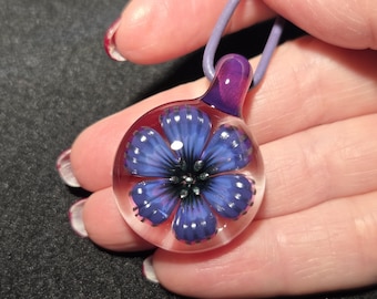 Heady Borosilicate Glass Flower Jewelry Gift, Hand Blown Glass Pendant, Purple Boro Floral Lampwork Implosion Necklace