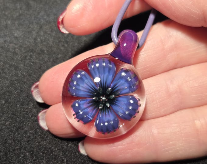 Heady Borosilicate Glass Flower Jewelry Gift, Hand Blown Glass Pendant, Purple Boro Floral Lampwork Implosion Necklace