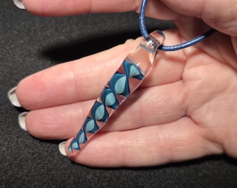 Blue Wave Glass Pendant, Long Spiral Striped Borosilicate Necklace, Handmade Lampwork Boro Jewelry, Unisex Glass Gift