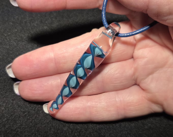 Blue Wave Glass Pendant, Long Spiral Striped Borosilicate Necklace, Handmade Lampwork Boro Jewelry, Unisex Glass Gift