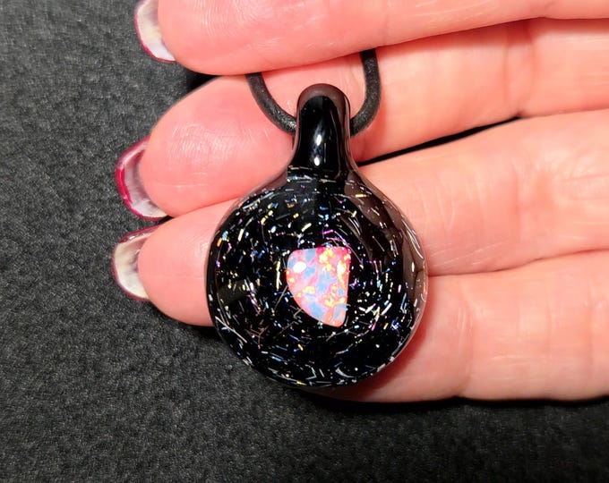 Sparkly Black Dichroic Glass Pendant with Gilson Opal Handmade Lampwork Heady Borosilicate Galaxy Jewelry Gift
