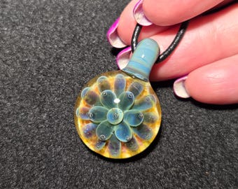 Heady Glass Jewelry, Turquoise Glass Flower Pendant, Borosilicate Implosion Choker.  Mothers Day Gift.