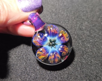 Handmade Glass Flower Pendant.  Hand Blown Glass Floral Implosion Necklace in Borosilicate Glass!  Reversible Heady Glass Flower gift