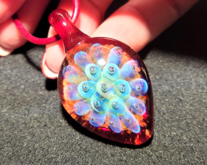 Heady Glass Pendant, Hand Blown Art Glass Necklace With Red and Blue Implosion Pendant in Borosilicate Glass, a Great Floral Glass Gift