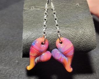 Glass Heart Earrings, Hand Blown, in Pink, Purple & Honey on Sterling Silver Chain, Unique Small Borosilicate Glass Heart Dangle Earrings