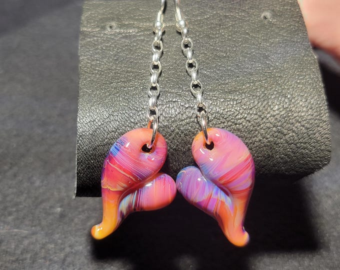 Glass Heart Earrings, Hand Blown, in Pink, Purple & Honey on Sterling Silver Chain, Unique Small Borosilicate Glass Heart Dangle Earrings