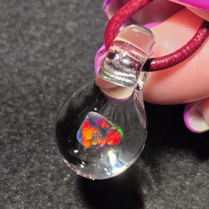 Hand blown glass and black Gilson opal pendant. Colorful opal dangle, I call this teardrop necklace design “Mermaid’s tears”.