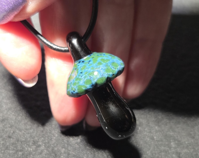 Magic Mushroom Jewelry, Hand Blown Art Glass Pendant Necklace in sparkly blue and black.  A Unique Gift for Nature Enthusiasts!