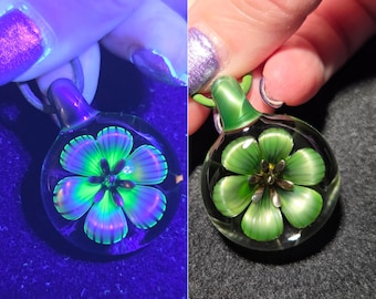 Heady Glass Flower Pendant. Color Changing UV Reactive Borosilicate Jewelry.  Green and Bronze Hand Blown Art Glass Necklace.